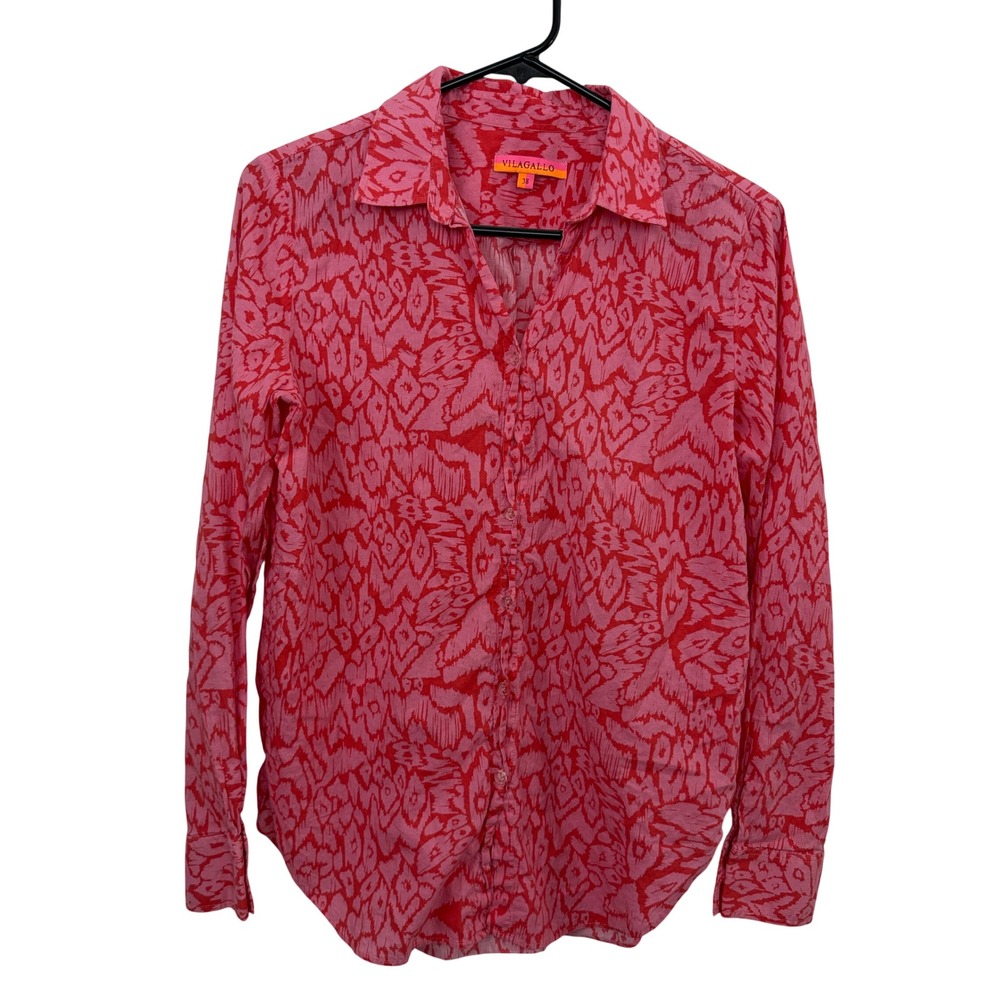 Vilagallo Shirt Womens 38 Pink Ikat Print Long Sleeve Button Down Cotton Top